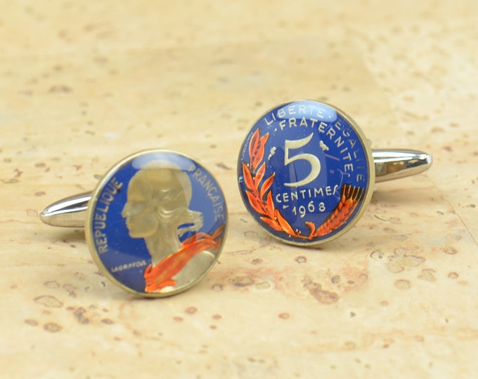 Cufflinks France enamel 5 Centimes Coin Coin Collector Gifts,Dad Coin Gift,Upcycled,mens gift accessories jewelry