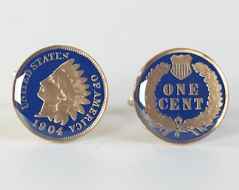 Antique Cufflinks US Indian Head Coin, Hand Painted Detail Enamelled , Real One Cent, Vintage Gift United States Cufflinks
