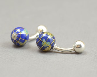 Earth world Cufflinks - World Mother of pearl and lapis lazuli Cuff Links - Sterling silver prong Handmade Mens Accessories - Gifts For Him