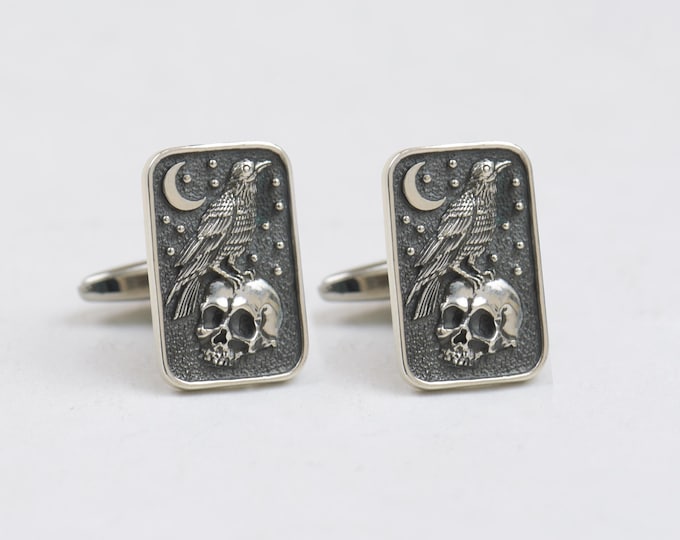 Raven and skull sterling silver cufflinks.Men accessories,Stainless steel, Magic Cufflinks.Raven cufflinks.Skull cufflinks