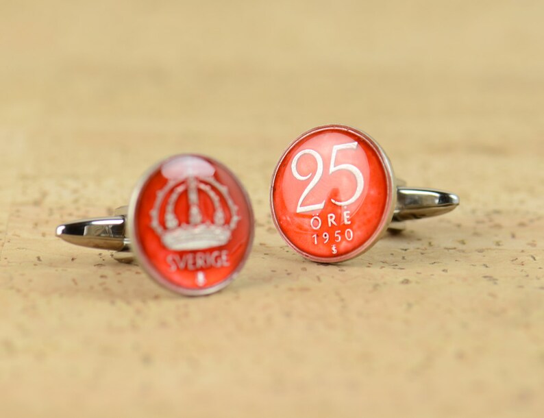 Cufflinks Sweden Sterling silver enamel Coin Coin Collector Gifts,Dad Coin Gift,Upcycled,mens gift accessories jewelry