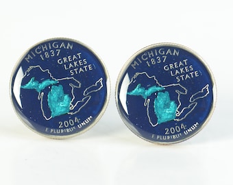 Cufflinks Michigan Quarter. Enamelled cuff links.Stainless steel leg.Coin cufflinks.USA