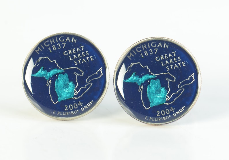 Enamelled cuff links.Stainless steel leg.Coin cufflinks.USA Cufflinks Michigan Quarter