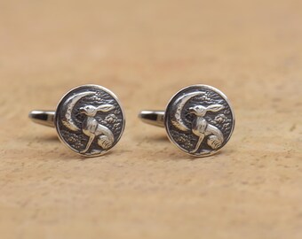 Sterling silver rabbit cufflinks.Handmade piece.Hare Moon Cufflinks.Starry night mountain.Hare cufflinks ,cuff links,rabbit mens accesories