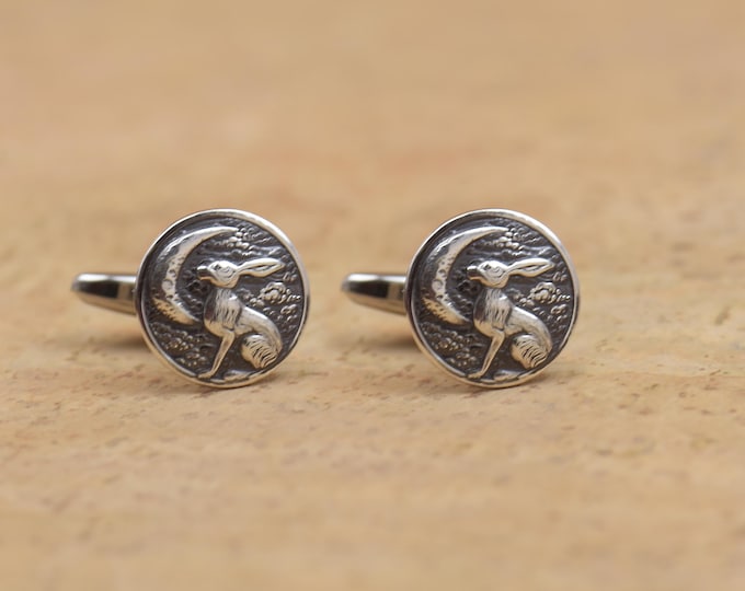 Sterling silver rabbit cufflinks.Handmade piece.Hare Moon Cufflinks.Starry night mountain.Hare cufflinks ,cuff links,rabbit mens accesories
