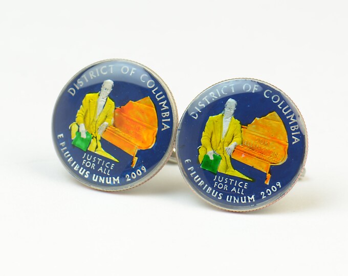 Cufflinks District of Columbia Quarter. Enamelled cuff links.Stainless steel leg.Coin cufflinks.USA