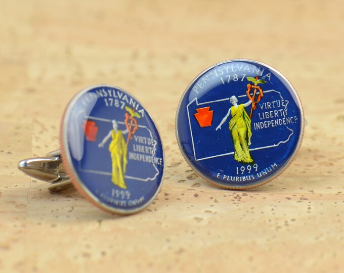 Cufflinks Pennsylvania Quarter. Enamelled cuff links.Stainless steel leg.Coin cufflinks.USA