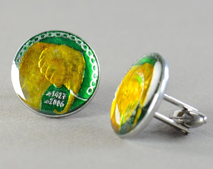 Enamel coin Cufflinks -elephant coin Algeria Coin Collector Gifts,Dad Coin Gift,Upcycled,mens gift accessories jewelry.Big Size coin