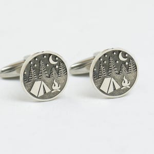 Sterling silver camping cufflinks.Handmade piece. Forest Cufflinks.Starry night mountain.Mountain cufflinks,cuff links, mens accesories