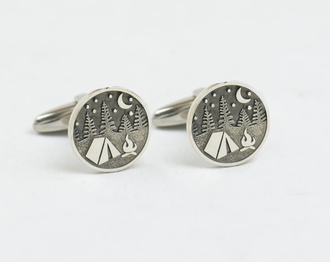 Sterling silver camping cufflinks.Handmade piece. Forest Cufflinks.Starry night mountain.Mountain cufflinks,cuff links, mens accesories