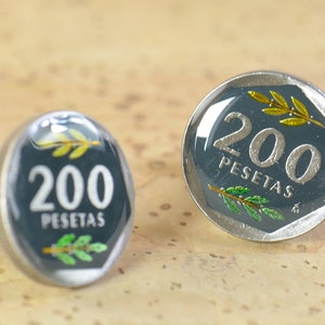 Cufflinks enamel coin 200 peseta Spain Coin Collector Gifts,Dad Coin Gift,Upcycled,mens gift accessories jewelry