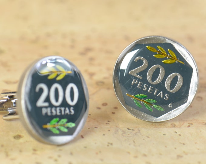 Cufflinks enamel coin 200 peseta Spain Coin Collector Gifts,Dad Coin Gift,Upcycled,mens gift accessories jewelry
