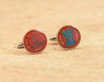 Enamel  Cufflinks- India Coin  Collector Gifts,Dad Coin Gift,Upcycled,mens gift accessories jewelry