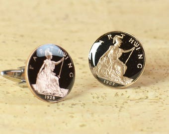 Farthing enamel Coin Cufflinks.United Kingdom.Great Britain Coin Collector Gifts,Dad Coin Gift,Upcycled,mens gift accessories jewelry