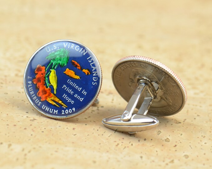 Cufflinks US Virgin Islands Quarter. Enamelled cuff links.Stainless steel leg.Coin cufflinks.USA