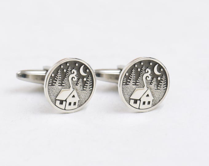 Sterling silver cottage cufflinks.Handmade piece. Forest Cufflinks.Starry night mountain.Mountain cufflinks,cuff links, mens accesories