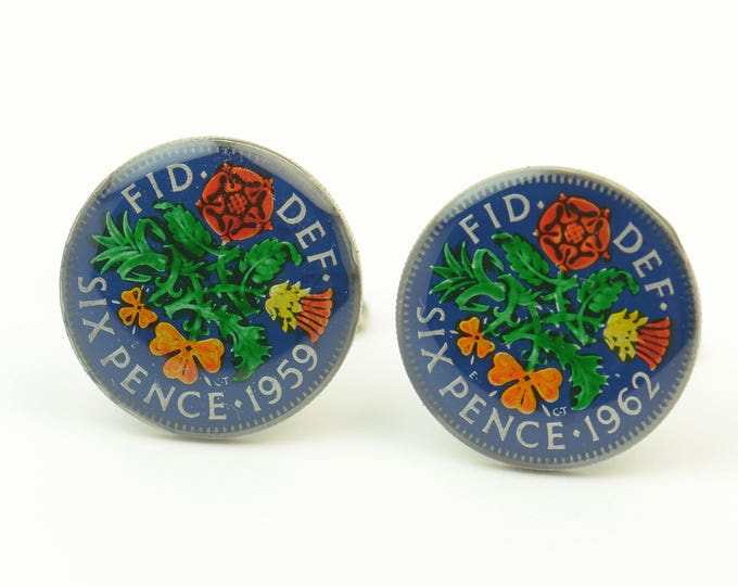 Coin 6 pence  Painted Cufflinks United Kingdom.Great Britain Coin Collector Gifts,Dad Coin Gift,Upcycled,mens gift accessories jewelry