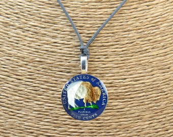 Buffalo 5 cent Coin jewelry. Necklace . Coin pendant. Mens gift.Unisex.Enameled coin,handpainted.