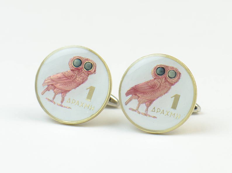 Coin Painted Cufflinks.Drachma Greece.Owl cufflinks Coin Collector Gifts,Dad Coin Gift,Upcycled,mens gift accessories jewelry