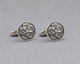 Cherry Blossom Motif Cufflinks Japanese Floral Elegance, Sterling Silver Handmade,  , Groom Gift