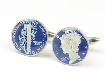 Coin Collector Gifts - Mercury Dime Cufflinks - Blue Enamel , Real Silver Coin, Hand Painted, Unique Mens Jewelry United States Cufflinks