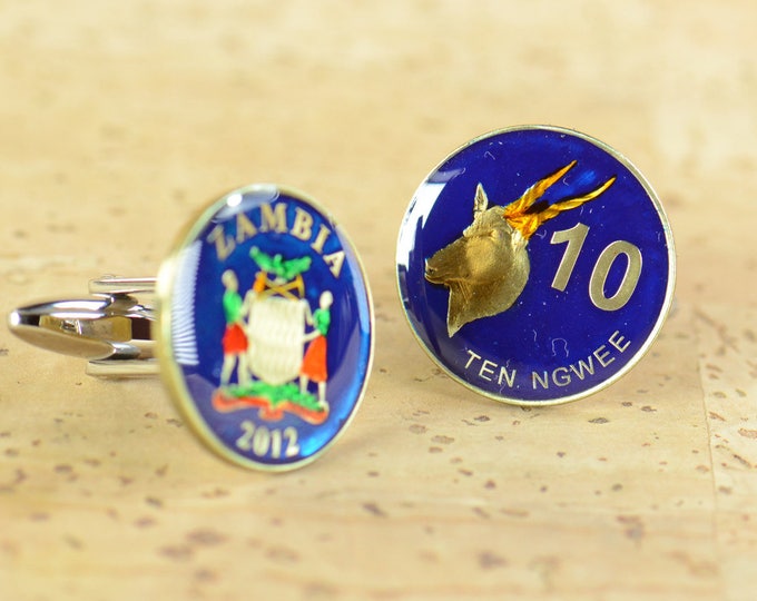 Deer Cufflinks Zambia Coin Collector Gifts,Dad Coin Gift,Upcycled,mens gift accessories jewelry