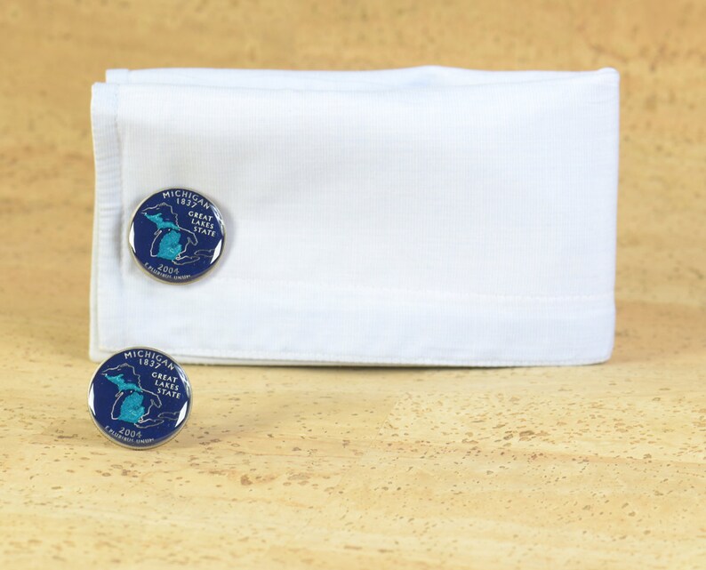 Enamelled cuff links.Stainless steel leg.Coin cufflinks.USA Cufflinks Michigan Quarter