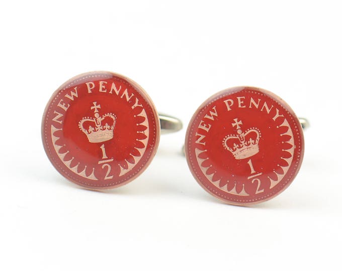 Coin 1/2 New Penny  Painted Cufflinks United Kingdom.Great Britain Coin Collector Gifts,Dad Coin Gift,Upcycled,mens gift accessories jewelry