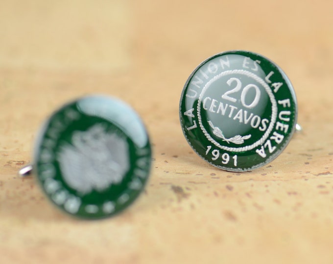 Cufflinks Bolivia enamel  Coin Coin Collector Gifts,Dad Coin Gift,Upcycled,mens gift accessories jewelry