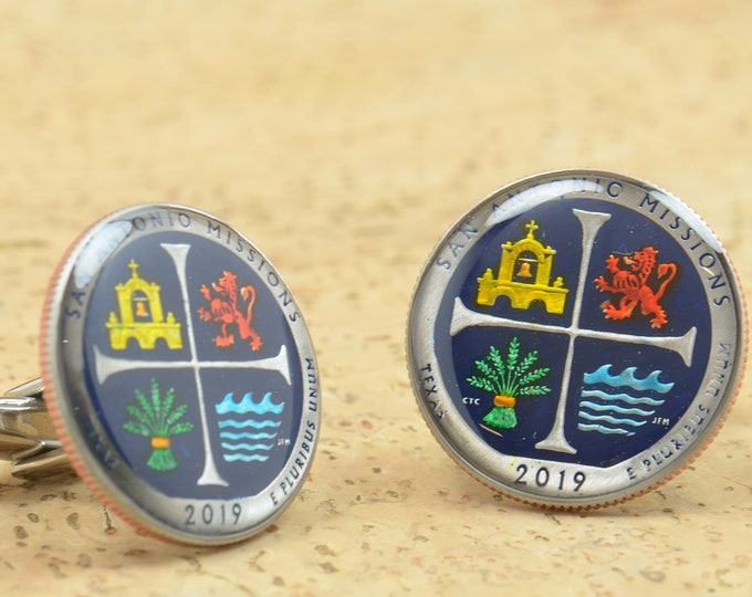 Cufflinks San Antonio Missions Coin Collector Gifts,Dad Coin ,Upcycled,mens gift accessories jewelry.Jesus Christians religion Bible cross