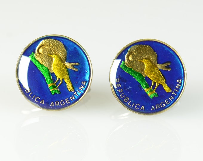 Enamel  Cufflinks - Argentina coin Bird coin Coin Collector Gifts,Dad Coin Gift,Upcycled,mens gift accessories jewelry