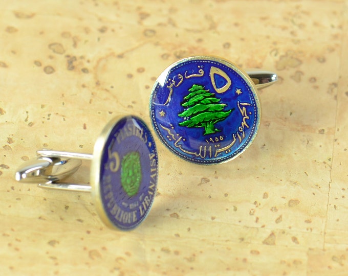 Cufflinks Lebanese Republic enamel Coin.Lebanon Cuff links Coin Collector Gifts,Dad Coin Gift,Upcycled,mens gift accessories jewelry