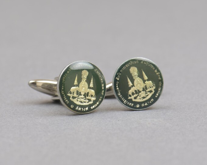 Cufflinks Thailand enamel Tiny Coin. Coin Collector Gifts,Dad Coin Gift,Upcycled,mens gift accessories jewelry