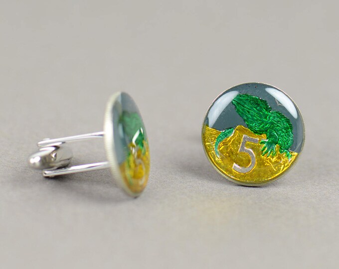 Enamel  Lizard  Cufflinks - New Zealand  Coin - Cuff links Coin Collector Gifts,Dad Coin Gift,Upcycled,mens gift accessories jewelry
