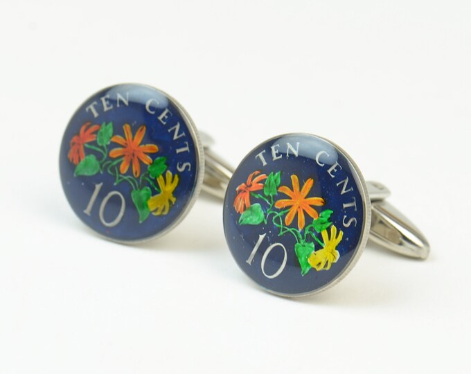Cufflinks Singapore enamel Coin-Flowers Coin Collector Gifts,Dad Coin Gift,Upcycled,mens gift accessories jewelry