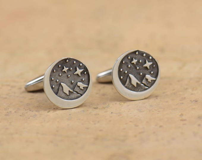Mountain cufflinks, Stars Constellation. Men accessories,Cuff links-Everest-Stainless steel leg.Stamped mountain trees moon shot star