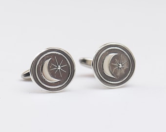 Moon Star Sterling Cufflinks - Space Theme Mens Accessories - , Elegant Design, Science Lover Gift
