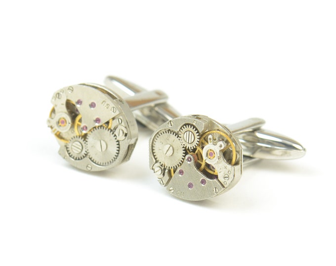 Steampunk watch cufflinks.Stainless steel leg.Watch mechanism movement