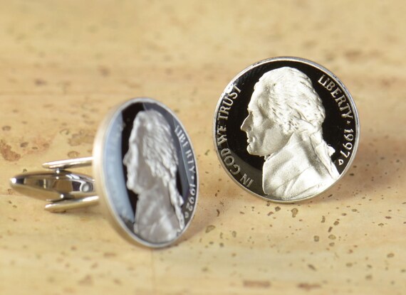 Coin US 5 Cents Hand Painted Cufflinks: Thomas Jefferson Design, Enamel  | Upcycled Jewelry, Gift For Dad | Elegant Menswear