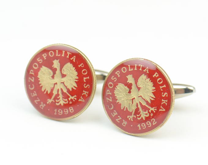 Enamel Cufflinks-Poland Coin Cuff links.Mens gift Coin Collector Gifts,Dad Coin Gift,Upcycled,mens gift accessories jewelry