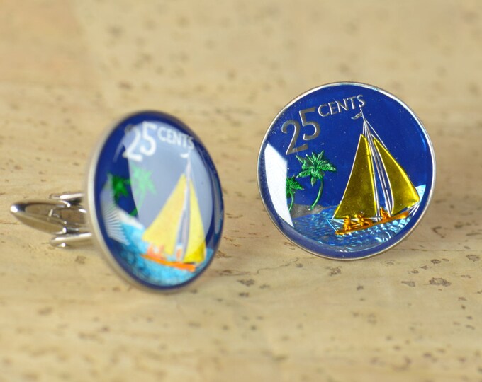 Cufflinks Bahamas coin.Ship cuff links,sailing cuff links.Enameled cuff links.Mens accessories.Big Size