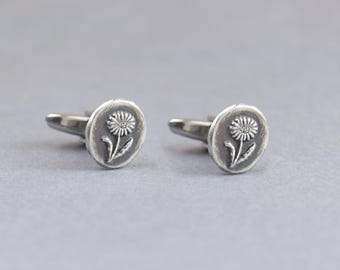 Daisy Cufflinks Men Floral Jewelry: Sterling Silver Flower Design, Botanical Style  , Wedding Accessory