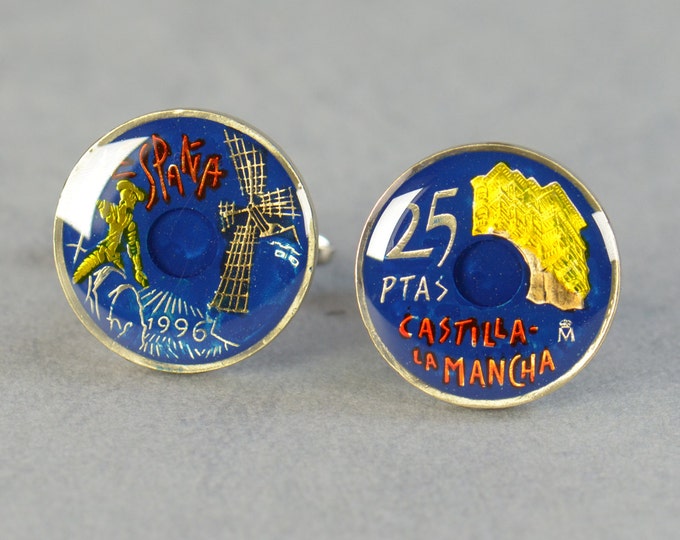 Quixote 25 Pesetas Cufflinks coins.Castilla La Mancha.Spain Mens gift cuff links accessories