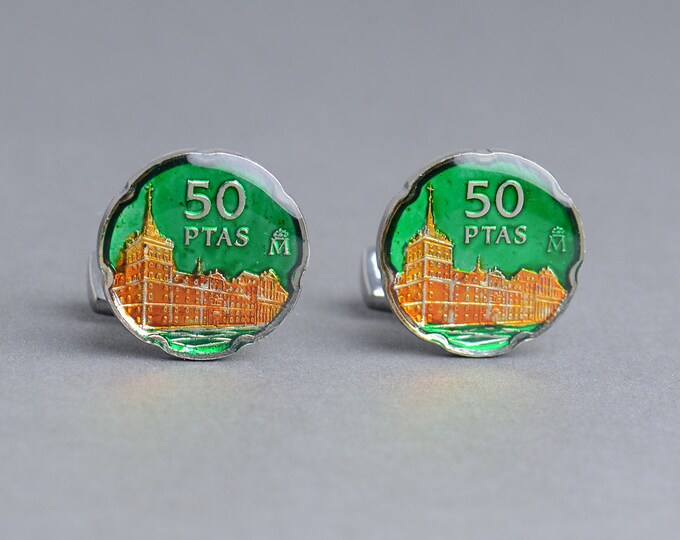 Gemelos Cufflinks peseta El Escorial Spain Coin Collector Gifts,Dad Coin Gift,Upcycled,mens gift accessories jewelry