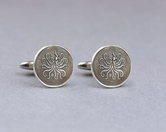 Steampunk Octopus Sterling Cufflinks: Polished Silver Finish, Luxury Marine Jewelry | , Eco Friendly | Business Attire Gift