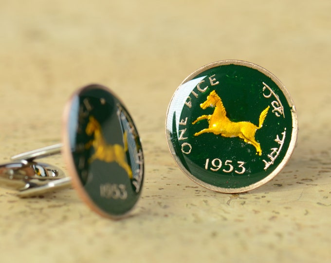 Enamel  Cufflinks-India Coin-Horse Cufflinks Coin Collector Gifts,Dad Coin Gift,Upcycled,mens gift accessories jewelry
