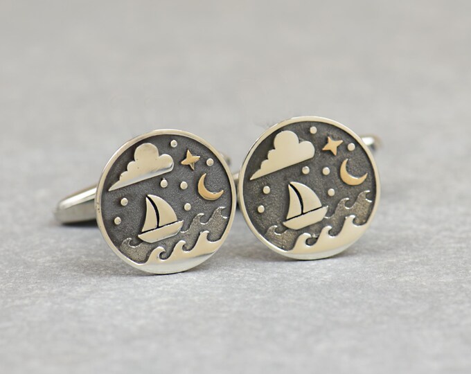 Sealing ship sterling silver cufflinks.Men accessories,Sterling silver and Stainless steel.Sailing cufflinks