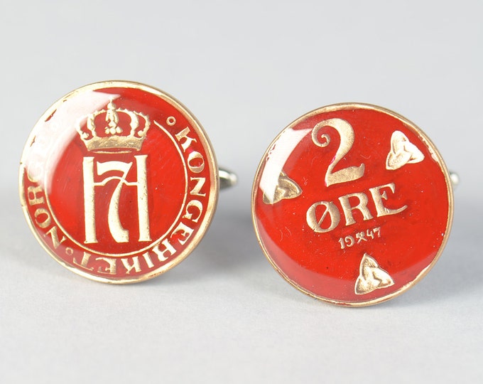 Norwegian Vintage 1950s Bronze Coin Enamel Cufflinks - "Norge 2 Ore" Norway