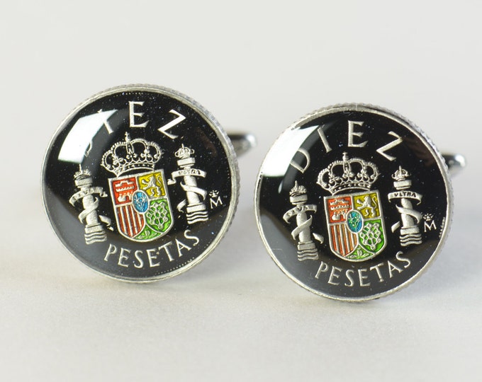 Cufflinks Spanish Vintage enamel coin - gemelos peseta Spain Coin Collector Gifts,Dad Coin Gift,Upcycled,mens gift accessories jewelry