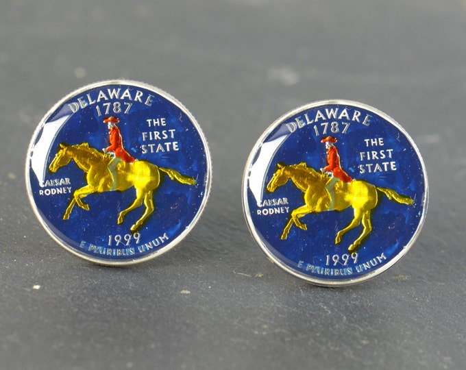 Cufflinks Delaware Quarter. Enamelled cuff links.Stainless steel leg.Coin cufflinks.USA